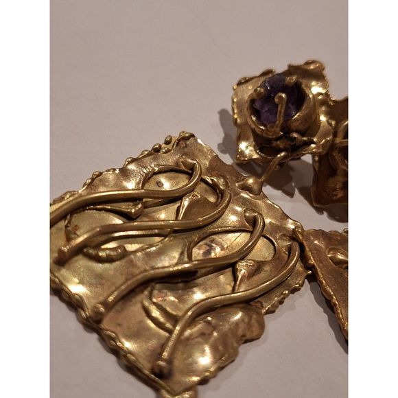 Brutalist Designer Handmade Clip On Earrings Brass and Raw Amethyst Ernandes - Picture 6 of 16